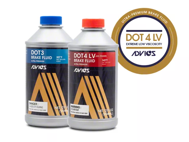 Bottles of DOT 3 and DOT 4 LV synthetic brake fluid, commonly used for brake system maintenance and fluid replacement in Jeep vehicles.