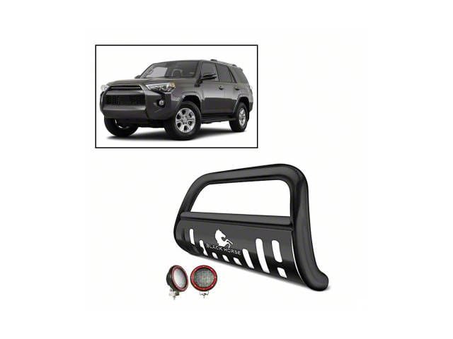 Bull Bar with Black Skid Plate and 5.30-Inch Red Round Flood LED Lights; Black (10-24 4Runner, Excluding Nightshade & 14-24 Limited)