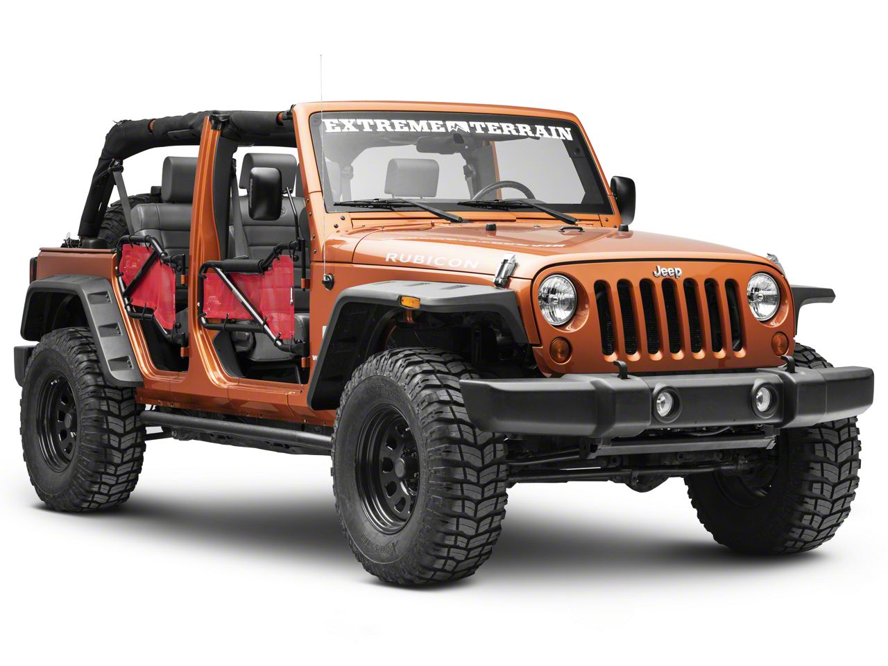 Steinjager Jeep Wrangler Front and Rear Tube Doors; Black and Red Mesh  J0043828 (07-18 Jeep Wrangler JK 4-Door) - Free Shipping