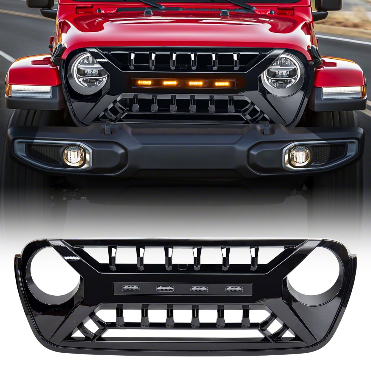 Jeep Wrangler Armor Grille With Amber Lights; Glossy Black (18-25 Jeep 