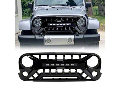 American Modified Armor Grille with LED Off-Road Lights; Glossy Black (07-18 Jeep Wrangler JK)