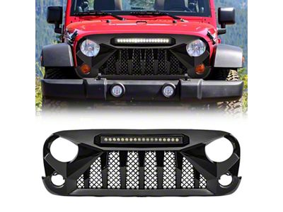 Goliath Grille with LED Off-Road Lights; Glossy Black (07-18 Jeep Wrangler JK)