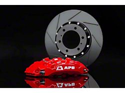 APB 4-Piston Front Big Brake Kit with 14-Inch Slotted Rotors and Brake Booster; Red Calipers (21-24 Jeep Wrangler JL Rubicon 392)