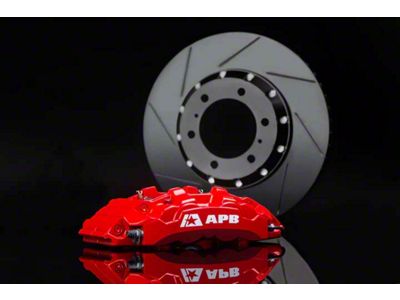 APB 4-Piston Front Big Brake Kit with 14-Inch Slotted Rotors and Brake Booster; Red Calipers (21-25 Jeep Wrangler JL Rubicon 392)