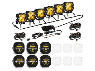 Auxbeam XP-ULTRA Series 3-Inch LED Pod Lights with 6-Pod Wiring Harness and Black Covers; Amber/White Spot Beam; Set of 6 (Universal; Some Adaptation May Be Required)