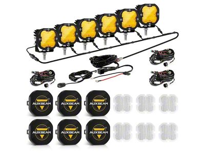 Auxbeam XP-ULTRA Series 3-Inch LED Pod Lights with 6-Pod Wiring Harness and Black Covers; Amber/White Flood Beam; Set of 6 (Universal; Some Adaptation May Be Required)