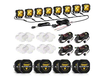 Auxbeam XP-ULTRA Series 3-Inch LED Pod Lights with 8-Pod Wiring Harness and Black Covers; Amber/White Spot Beam; Set of 8 (Universal; Some Adaptation May Be Required)