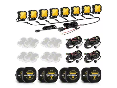 Auxbeam XP-ULTRA Series 3-Inch LED Pod Lights with 8-Pod Wiring Harness and Black Covers; Amber/White Flood Beam; Set of 8 (Universal; Some Adaptation May Be Required)