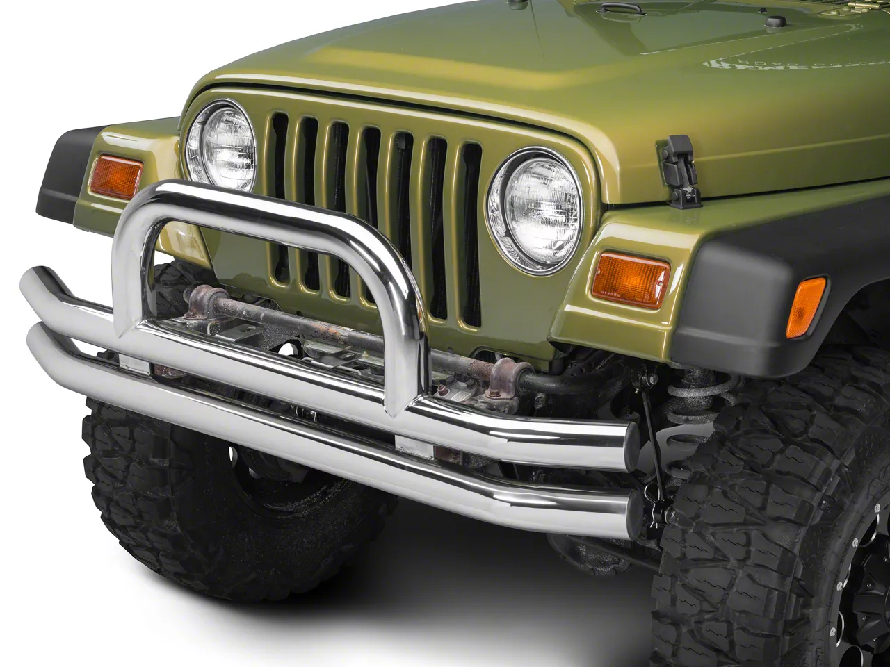 Barricade Double Tubular Front Bumper with Classic Over-Rider Hoop; Polished (76-06 Jeep CJ, Wrangler YJ & TJ)