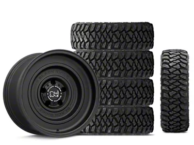 17x9.5 Black Rhino Solid & 35in Mickey Thompson Mud-Terrain Baja Legend MTZ Tire Package; Set of 5 (07-18 Jeep Wrangler JK)