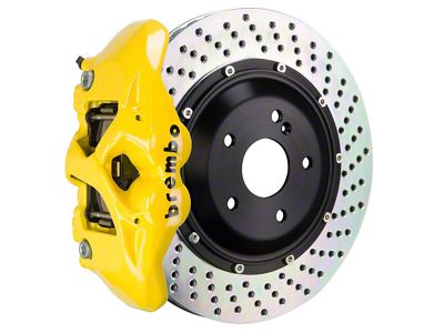 Brembo GT Series 4-Piston Rear Big Brake Kit with 15-Inch 2-Piece Cross Drilled Rotors; Fluorescent Yellow Calipers (18-21 Jeep Grand Cherokee WK2 Trackhawk)