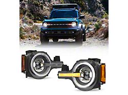 LED Headlights with White and Amber DRL and Sequential Turn Signals; Black Housing; Clear Lens (21-24 Bronco)