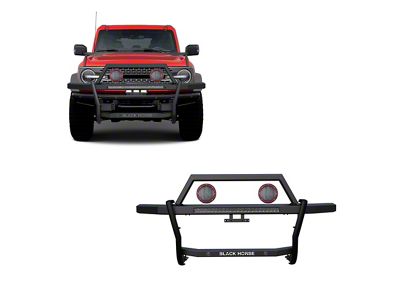 Rambler Grille Guard with 30-Inch LED Light Bar and 5.30-Inch Red Round Flood LED Lights; Matte Black (21-24 Bronco)