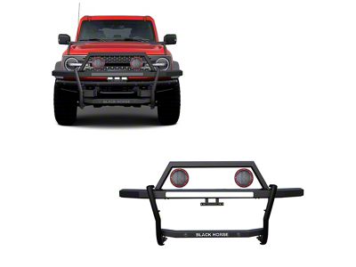 Rambler Grille Guard with 5.30-Inch Red Round Flood LED Lights; Matte Black (21-24 Bronco)