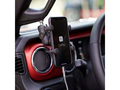 CMM Offroad A-Pillar Ball Mount Solution with 1-Inch Ball and RAM X-Grip XL Phone Mount; Black (18-23 Jeep Wrangler JL)