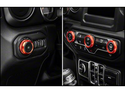 RedRock Billet Aluminum Headlight, HVAC and Radio Control Knob Trim Ring Set; Red (18-24 Jeep Wrangler JL)