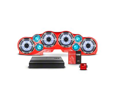 DS18 Complete RGB Loaded Sound Bar Package with Metal Grille Marine Speakers; Red Sound Bar with Black Speakers (20-23 Jeep Gladiator JT)