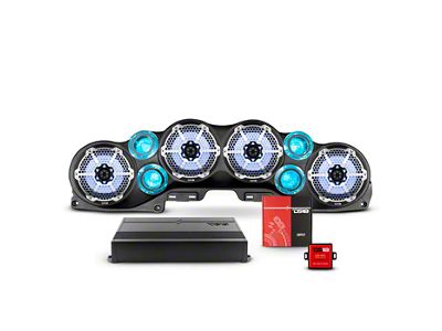 DS18 Complete RGB Loaded Sound Bar Package with Metal Grille Marine Speakers; Black Sound Bar with Black Speakers (18-23 Jeep Wrangler JL)