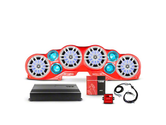 DS18 Complete RGB Loaded Sound Bar Package with Plastic Grille Marine Speakers; Red Sound Bar with White Speaker Grilles (18-23 Jeep Wrangler JL)