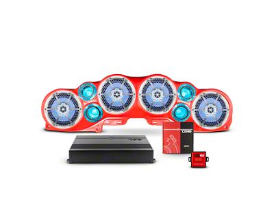DS18 Complete RGB Loaded Sound Bar Package with Metal Grille Marine Speakers; Red Sound Bar with White Speakers (18-23 Jeep Wrangler JL)