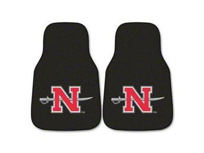 Carpet Front Floor Mats with Nicholls State University Logo; Black (Universal; Some Adaptation May Be Required)