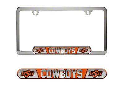 Embossed License Plate Frame with Oklahoma State University Logo; Orange (Universal; Some Adaptation May Be Required)