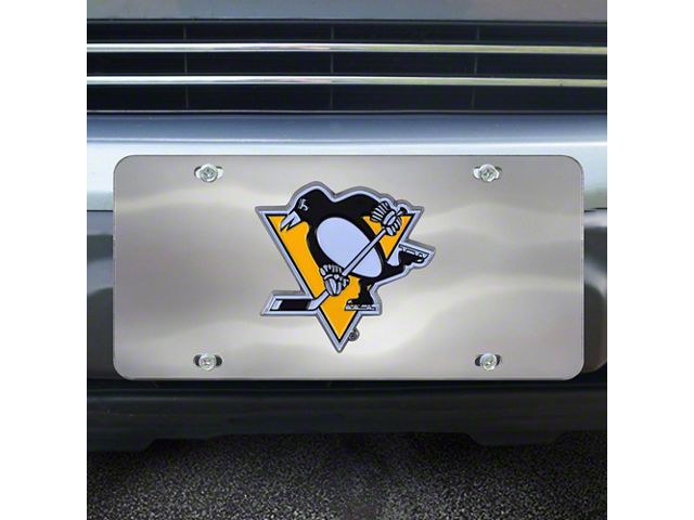 License Plate with Pittsburgh Penguins Logo; Stainless Steel (Universal; Some Adaptation May Be Required)