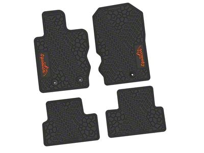 FLEXTREAD Factory Floorpan Fit Tire Tread/Scorched Earth Scene Front and Rear Floor Mats with Orange Squatch/Mountain Insert; Black (21-24 Bronco 2-Door)