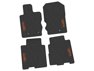 Factory Floorpan Fit Tire Tread/Scorched Earth Scene Front and Rear Floor Mats with Orange Squatch/Mountain Insert; Black (21-25 Bronco 4-Door)