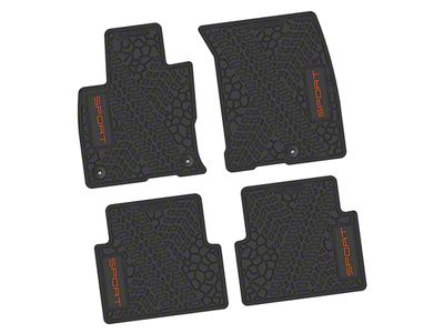 Factory Floorpan Fit Tire Tread/Scorched Earth Scene Front and Rear Floor Mats with Orange Sport Insert; Black (21-25 Bronco Sport)