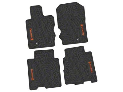 Factory Floorpan Fit Tire Tread/Scorched Earth Scene Front and Rear Floor Mats with Orange Squatch Insert; Black (21-25 Bronco 4-Door)