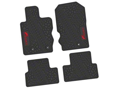 FLEXTREAD Factory Floorpan Fit Tire Tread/Scorched Earth Scene Front and Rear Floor Mats with Red GOAT Insert; Black (21-24 Bronco 2-Door)