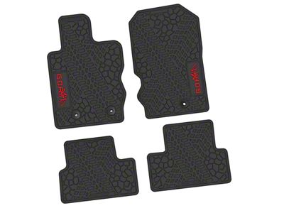 FLEXTREAD Factory Floorpan Fit Tire Tread/Scorched Earth Scene Front and Rear Floor Mats with Red GOAT/Mountain Insert; Black (21-24 Bronco 2-Door)