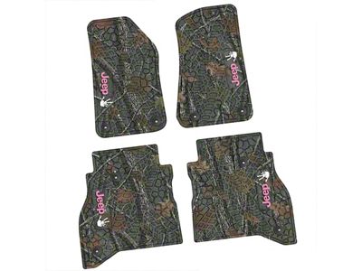 FLEXTREAD Factory Floorpan Fit Tire Tread/Scorched Earth Scene Front and Rear Floor Mats with Pink and White JEEP Wave Insert; Rugged Woods (20-24 Jeep Gladiator JT)