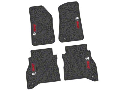 FLEXTREAD Factory Floorpan Fit Tire Tread/Scorched Earth Scene Front and Rear Floor Mats with Red and White JEEP Wave Insert; Black (20-24 Jeep Gladiator JT)