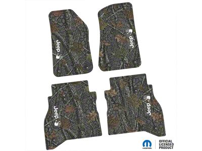 Factory Floorpan Fit Tire Tread/Scorched Earth Scene Front and Rear Floor Mats with White JEEP Wave Insert; Rugged Woods (20-25 Jeep Gladiator JT)