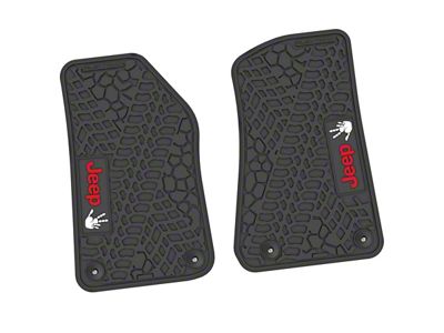 FLEXTREAD Factory Floorpan Fit Tire Tread/Scorched Earth Scene Front Floor Mats with Red and White JEEP Wave Insert; Black (20-24 Jeep Gladiator JT)