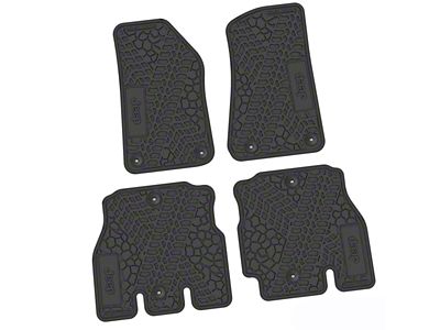 Factory Floorpan Fit Tire Tread/Scorched Earth Scene Front and Rear Floor Mats with JEEP Insert; Black (18-25 Jeep Wrangler JL 4-Door, Excluding 4xe)