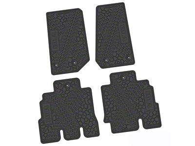 Factory Floorpan Fit Tire Tread/Scorched Earth Scene Front and Rear Floor Mats with Willy's Insert; Black (14-18 Jeep Wrangler JK 4-Door)