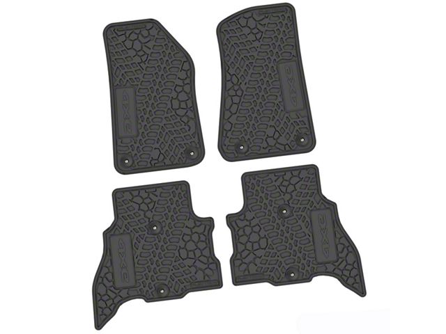 FLEXTREAD Factory Floorpan Fit Tire Tread/Scorched Earth Scene Front Floor Mats with 4xe Insert; Black (18-24 Jeep Wrangler JL 2-Door)