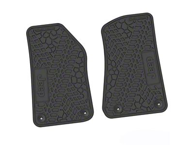 FLEXTREAD Factory Floorpan Fit Tire Tread/Scorched Earth Scene Front Floor Mats with JEEP Insert; Black (18-24 Jeep Wrangler JL 2-Door)