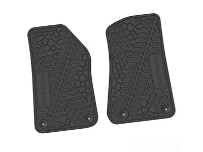 Factory Floorpan Fit Tire Tread/Scorched Earth Scene Front Floor Mats with Rubicon Insert; Black (18-25 Jeep Wrangler JL 2-Door)