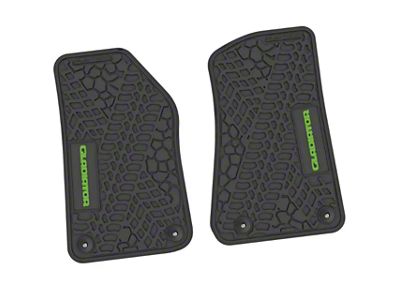 Factory Floorpan Fit Tire Tread/Scorched Earth Scene Front Floor Mats with Lime Gladiator Insert; Black (18-25 Jeep Wrangler JL 2-Door)