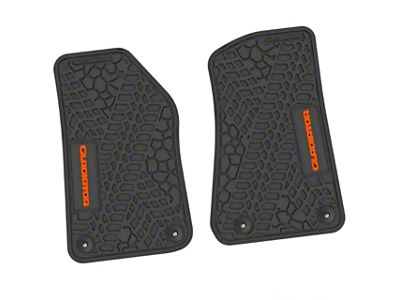 FLEXTREAD Factory Floorpan Fit Tire Tread/Scorched Earth Scene Front Floor Mats with Orange Gladiator Insert; Black (18-24 Jeep Wrangler JL 2-Door)