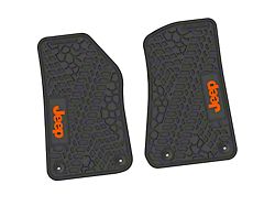 FLEXTREAD Factory Floorpan Fit Tire Tread/Scorched Earth Scene Front Floor Mats with Orange JEEP Insert; Black (18-24 Jeep Wrangler JL 2-Door)