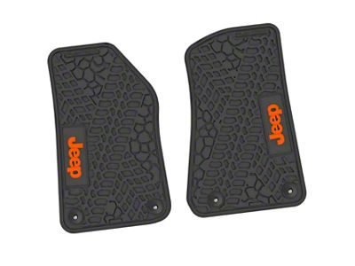 Factory Floorpan Fit Tire Tread/Scorched Earth Scene Front Floor Mats with Orange JEEP Insert; Black (18-25 Jeep Wrangler JL 2-Door)