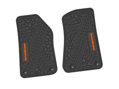 Factory Floorpan Fit Tire Tread/Scorched Earth Scene Front Floor Mats with Orange Mojave Insert; Black (18-24 Jeep Wrangler JL 2-Door)