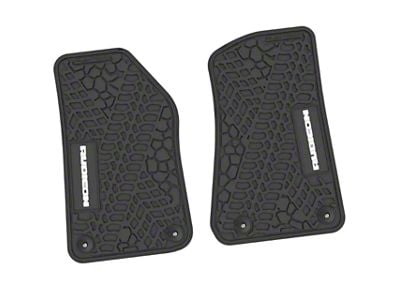 Factory Floorpan Fit Tire Tread/Scorched Earth Scene Front Floor Mats with White Rubicon Insert; Black (18-25 Jeep Wrangler JL 2-Door)