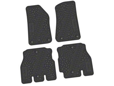 Factory Floorpan Fit Tire Tread/Scorched Earth Scene Front and Rear Floor Mats with JEEP Wave Insert; Black (18-25 Jeep Wrangler JL 4-Door, Excluding 4xe)