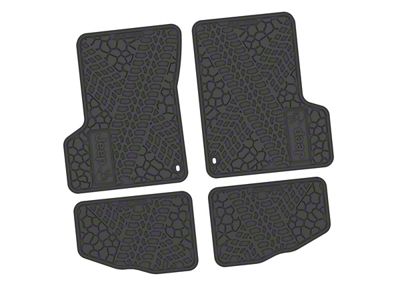 Factory Floorpan Fit Tire Tread/Scorched Earth Scene Front and Rear Floor Mats with JEEP Wave Insert; Black (97-06 Jeep Wrangler TJ)